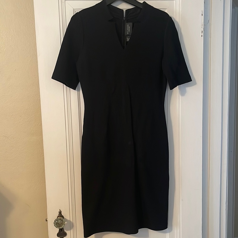 ST. JOHN-Black Short Sleeve V-Collar Neck Dress-SZ 8